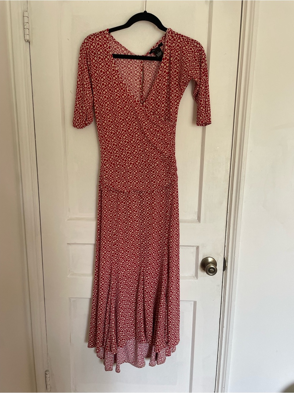 BCBG Red Printed V-Neck Wrap Midi Dress